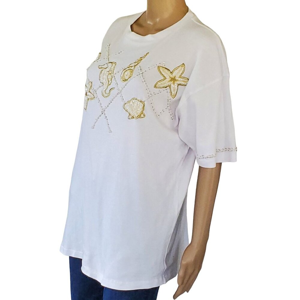 Santoria Women's Large Beaded Art White Tee Seahorses Shells & Starfish Cotton